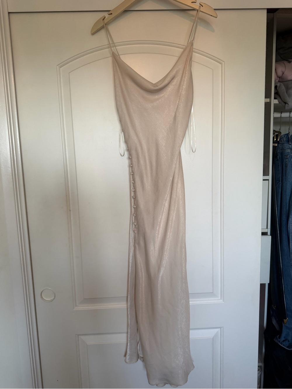 Zara Cream Satin Cowl Maxi Dress with Side Button Trim